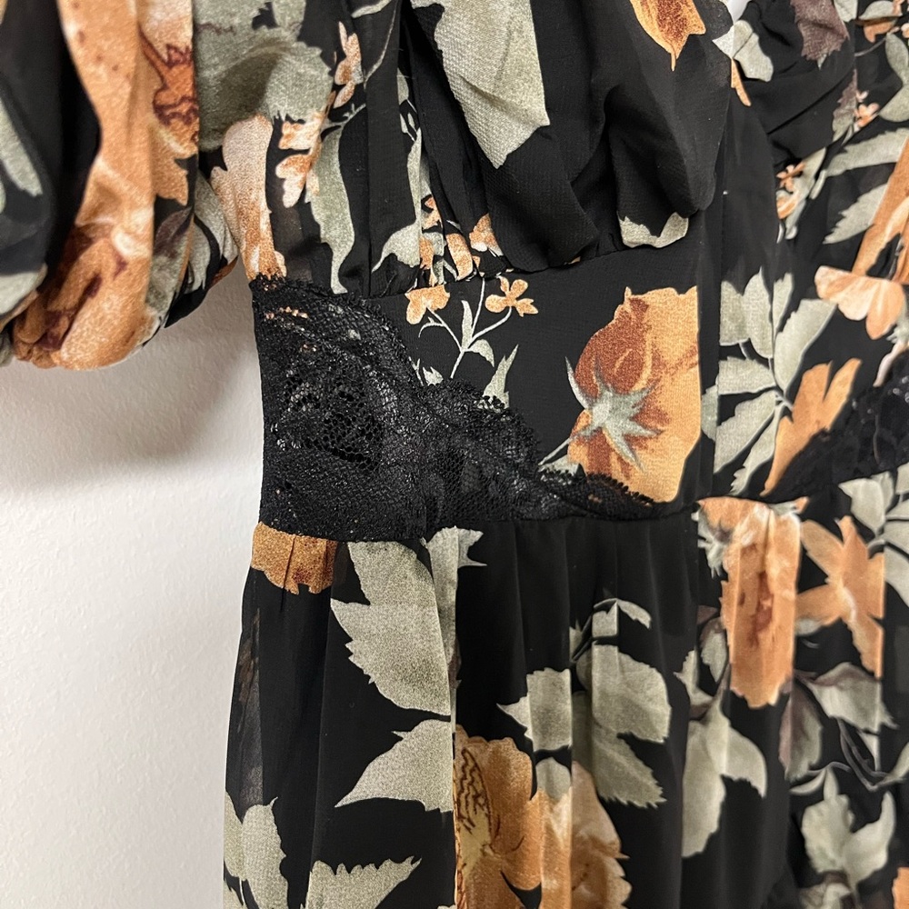 NWT Lulus Black Floral Tiered Puff Sleeve Open Back Lace-Up Midi Dress XL - Picture 5 of 11